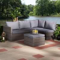 Baxton Studio MLM-210180-Grey Pamela Modern and Contemporary Grey Polyester Upholstered and Brown Finished 4-Piece Woven Rattan Outdoor Patio Set